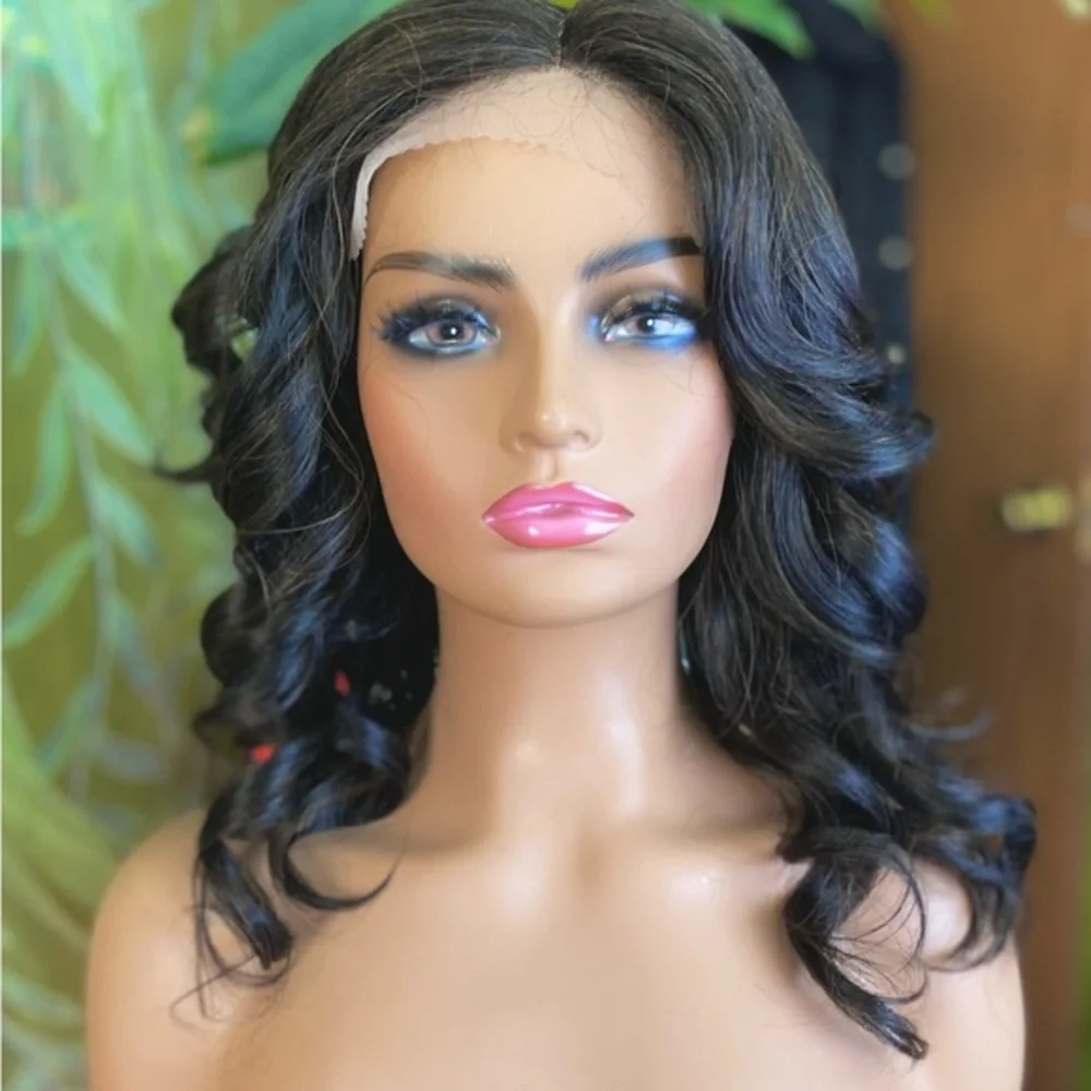 prestyled jet black lace front wig with highlights